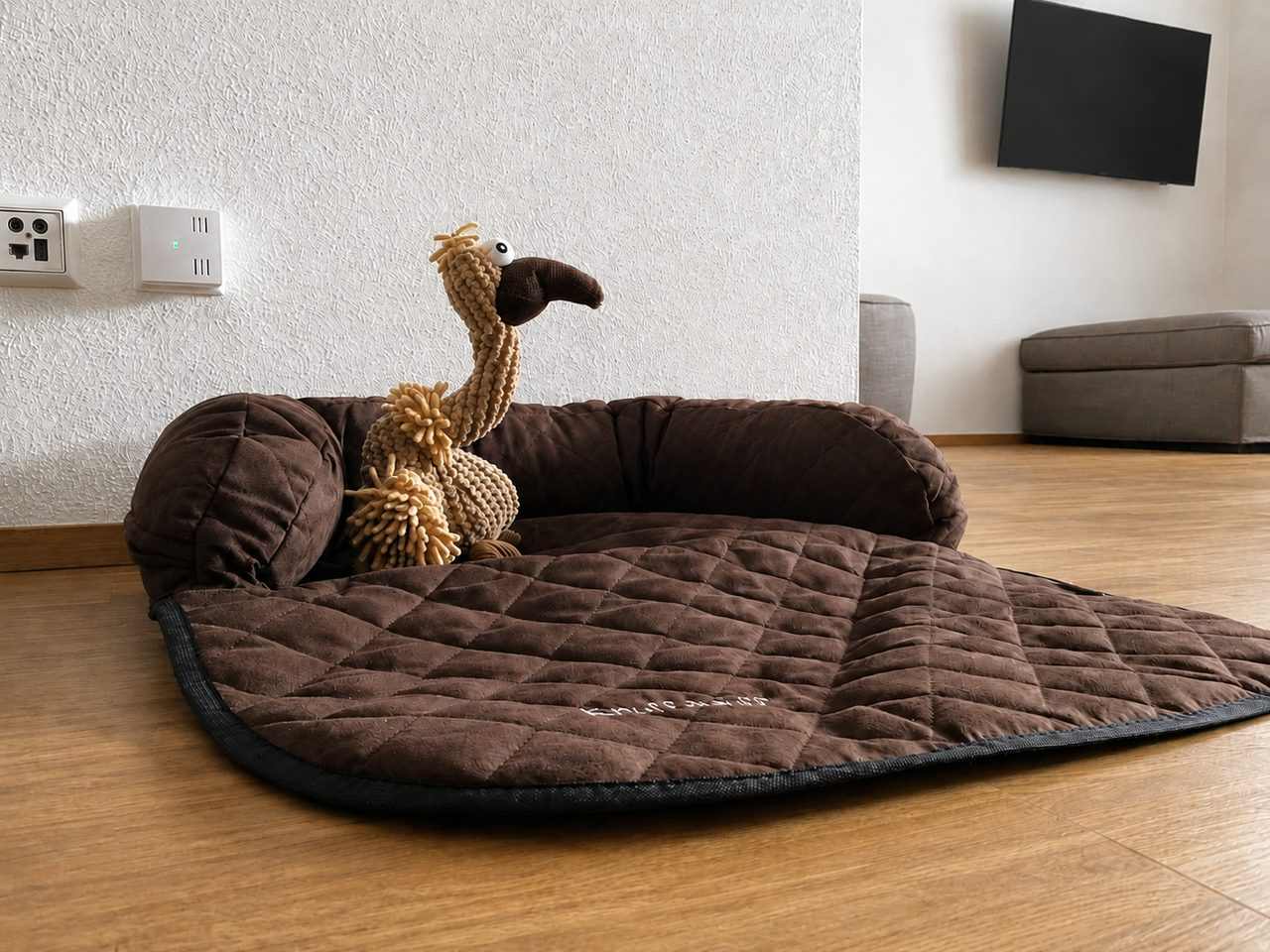 Dog welcome setup in a pet-friendly furnished apartment in Stuttgart with Gustav, a dog bed, and dog bowls