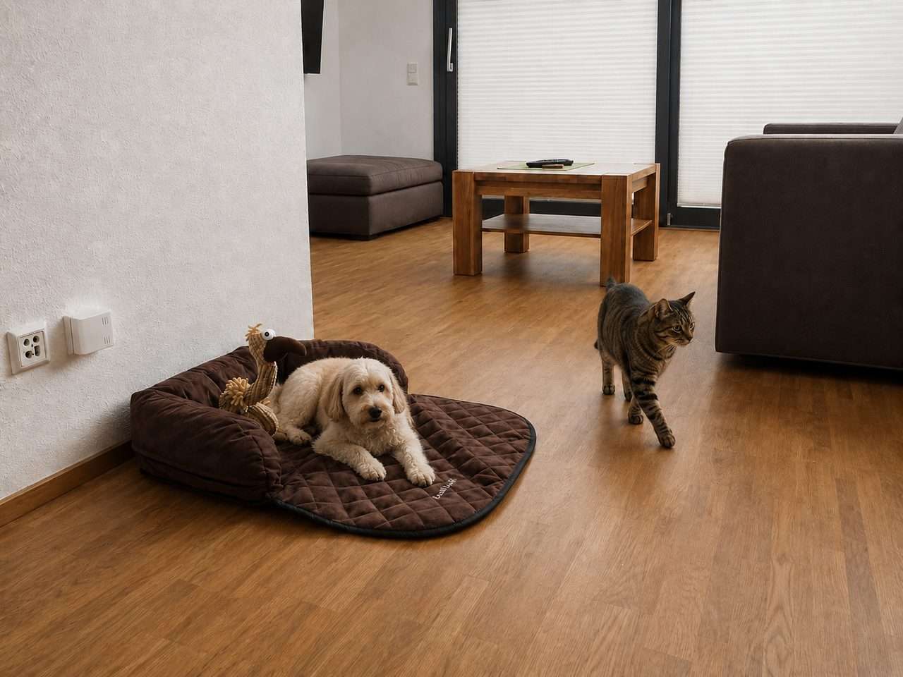 Dog in a bed with Gustav while a cat walks through a furnished apartment in Stuttgart