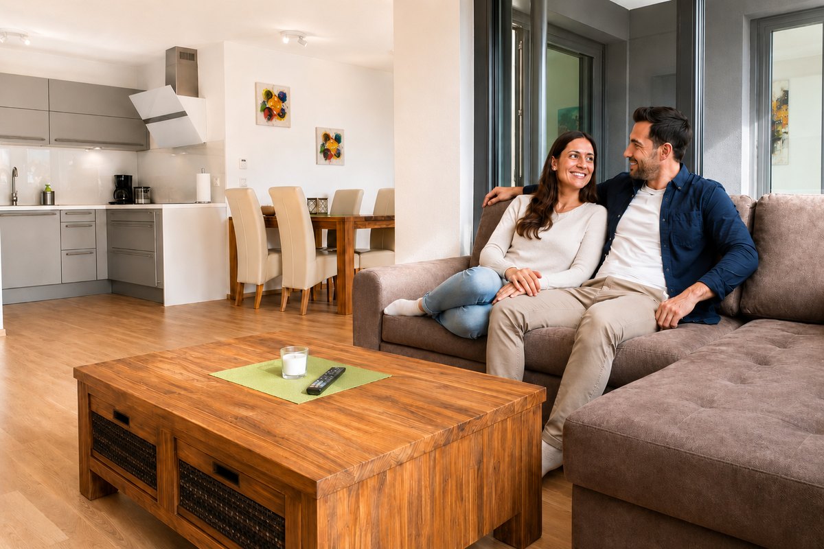 Couple relaxing in a furnished apartment in Stuttgart