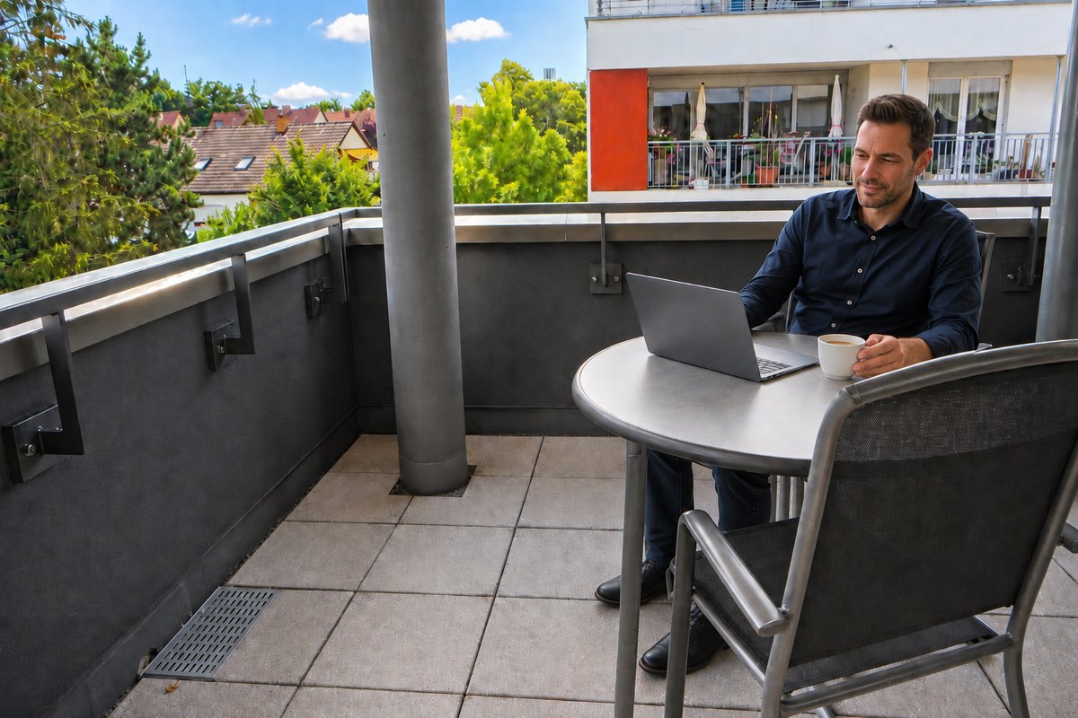 Business guest with laptop and coffee on a balcony at temporary housing in Stuttgart