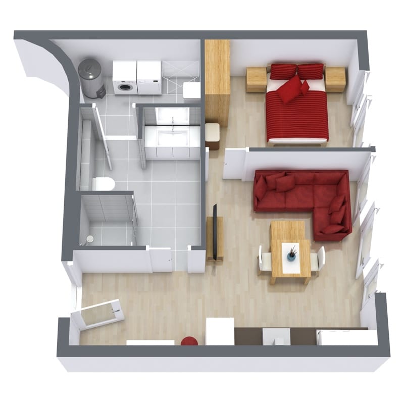 Rotated floor plan for Apartment 4.1, 1-bedroom layout