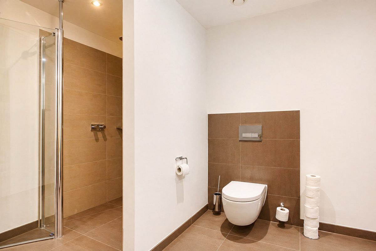 Bathroom with large shower and toilet