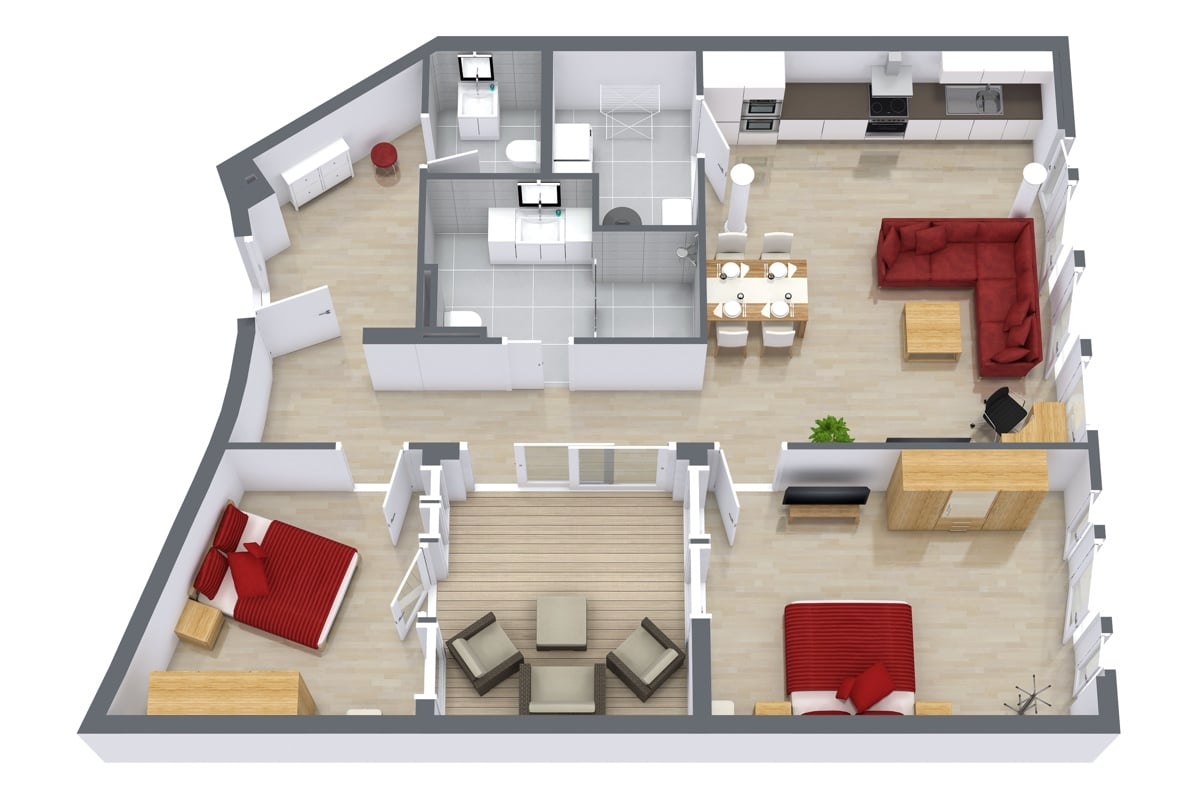 Rotated floor plan for Apartment 4.2, 2-bedroom penthouse layout