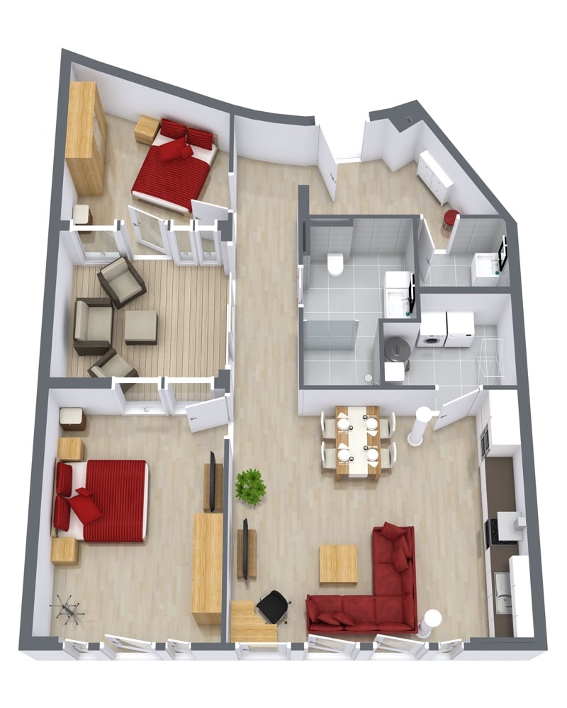 Floor plan for Apartment 4.2, 2-bedroom penthouse layout