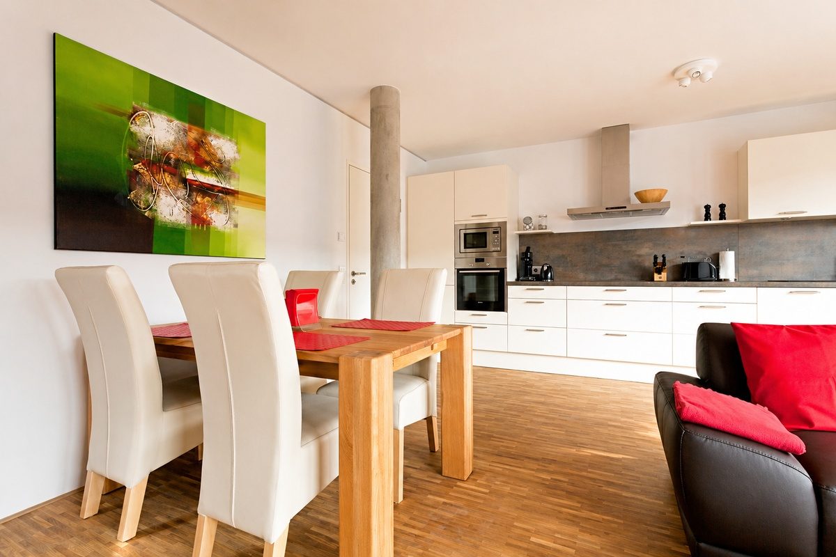 Penthouse living/dining area and kitchen