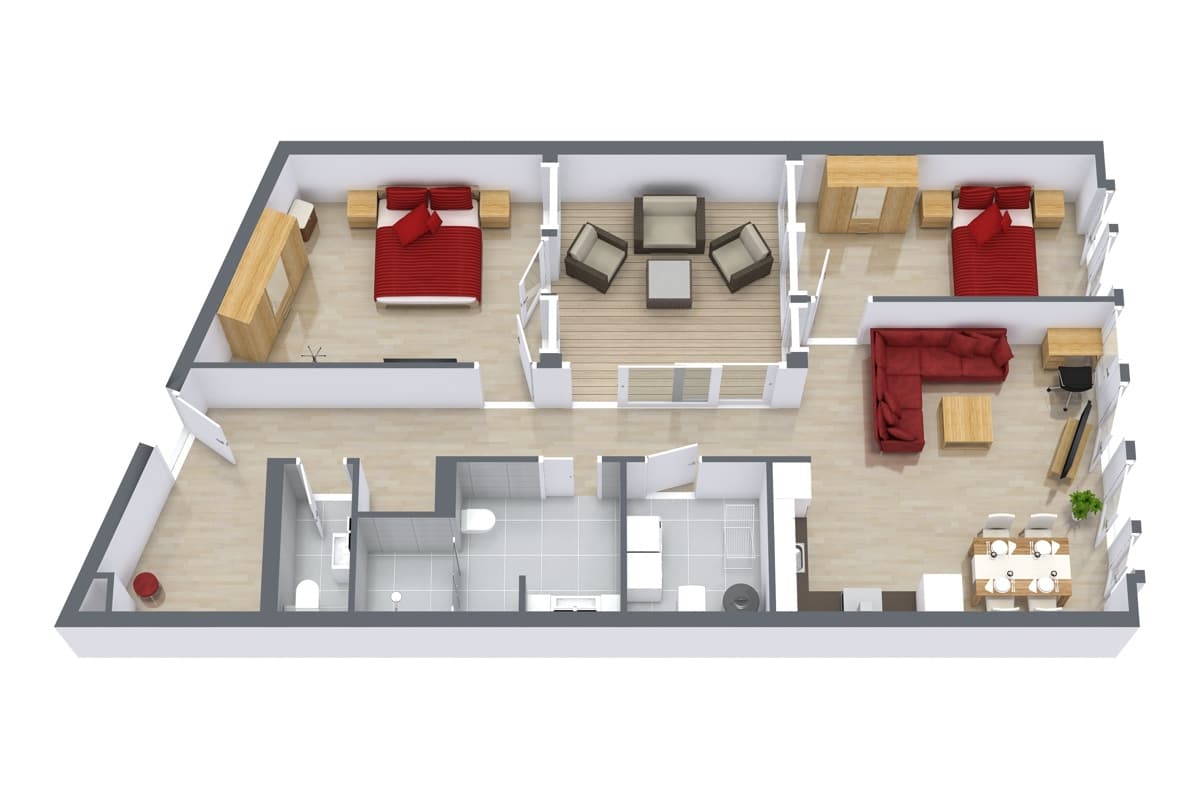 Rotated floor plan for Apartment 4.3, 2-bedroom layout