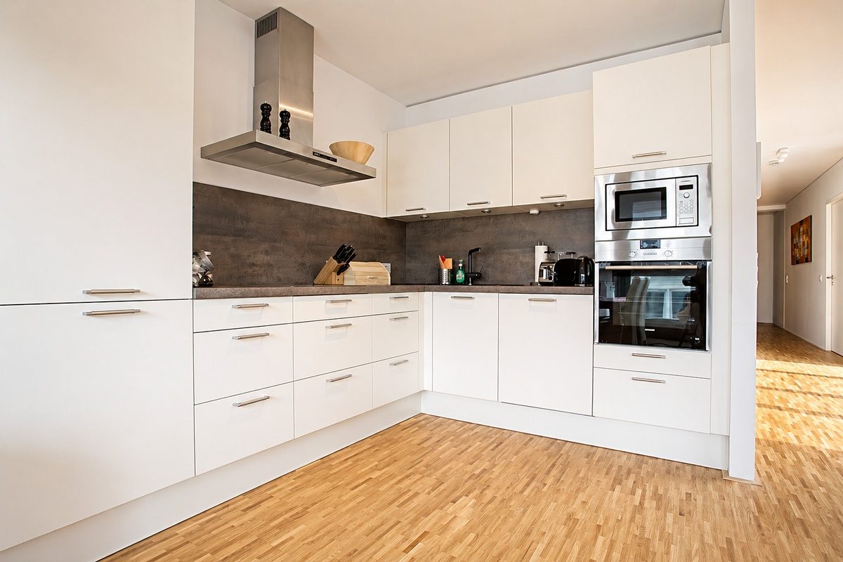 Kitchen with microwave, oven, stove and more