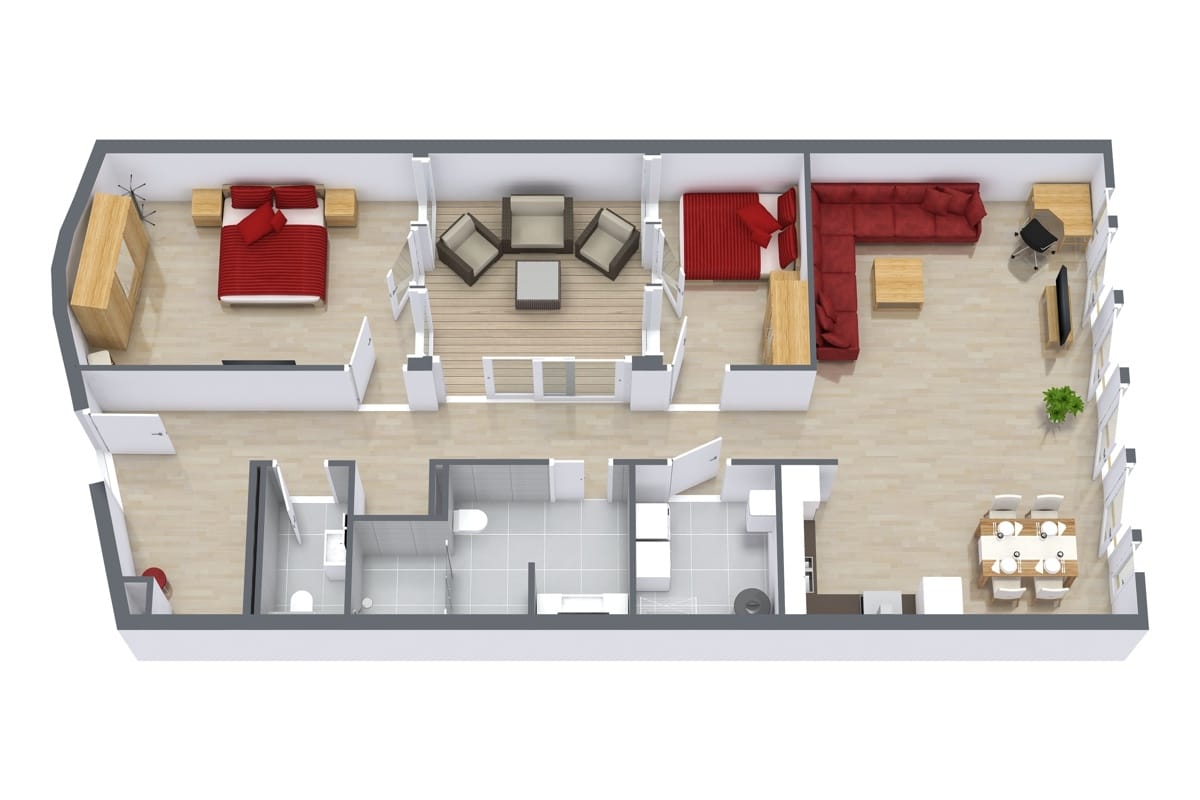 Rotated floor plan for Apartment 4.4, 2-bedroom penthouse layout