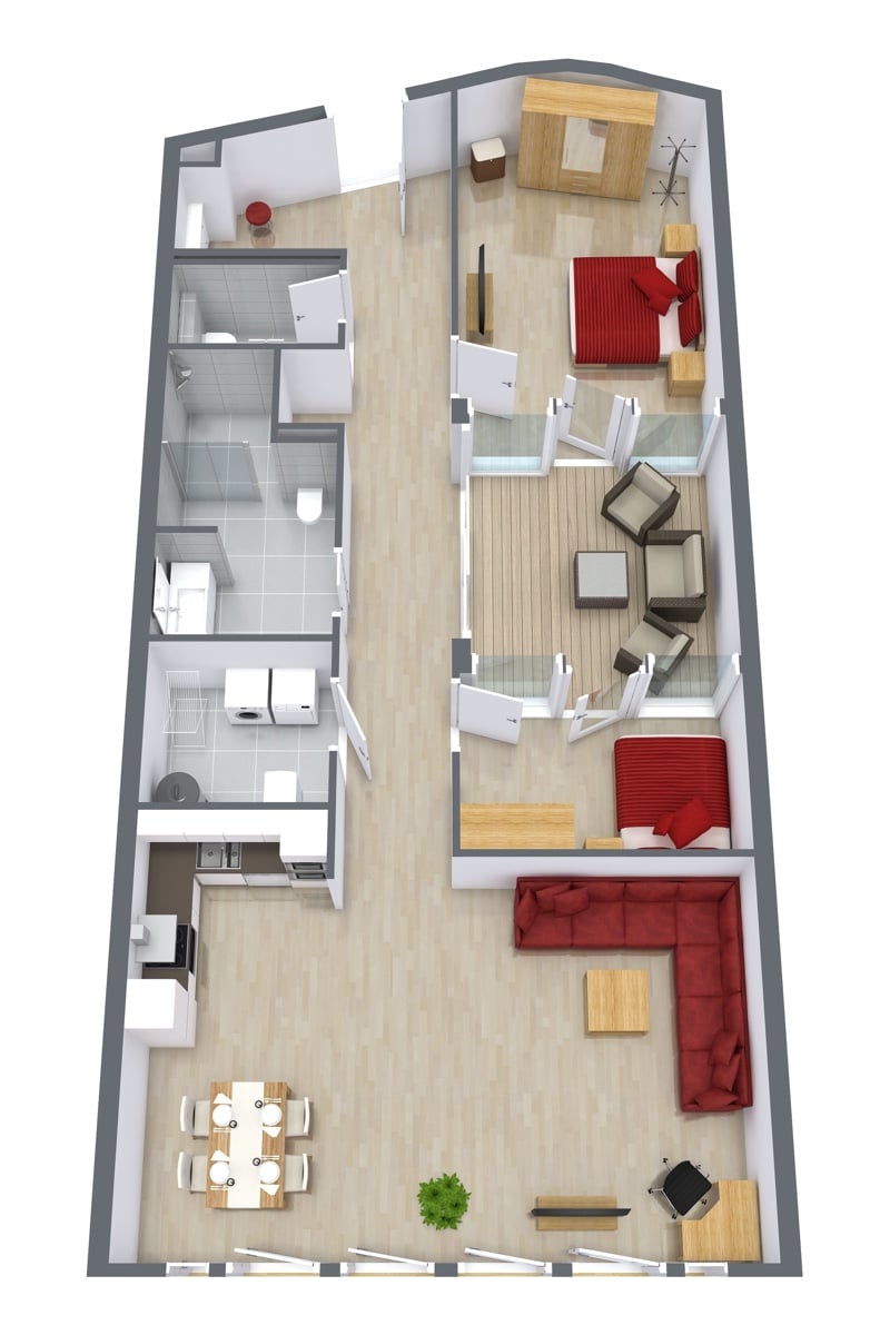 Floor plan for Apartment 4.4, 2-bedroom penthouse layout