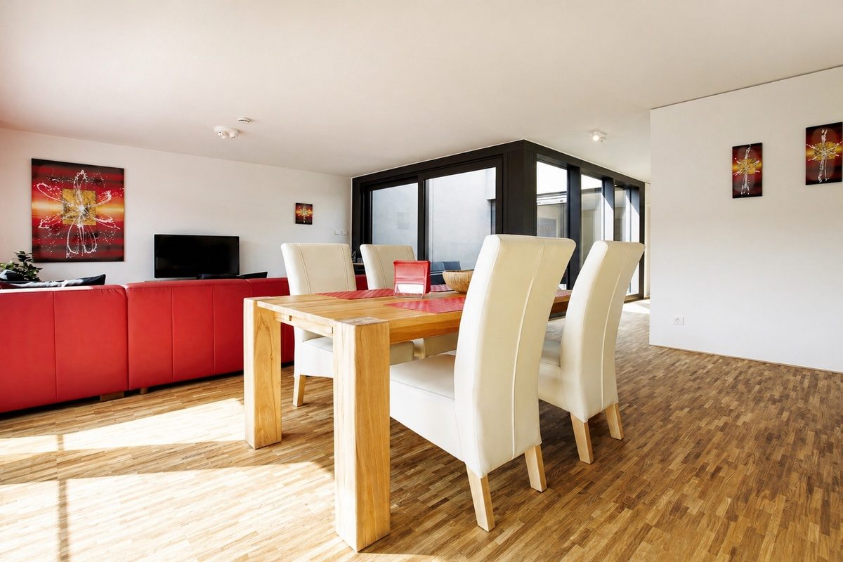 Furnished apartment dining and living area