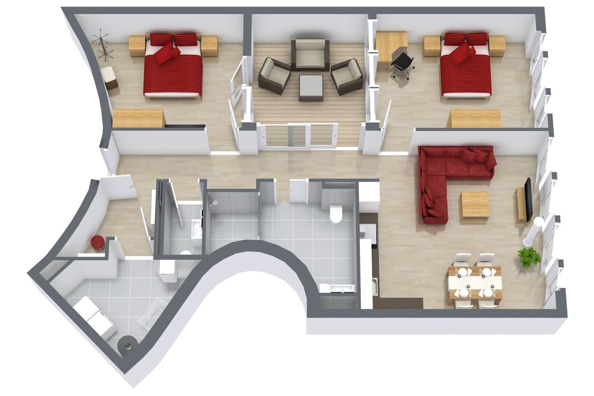 Rotated floor plan for Apartment 4.6, 2-bedroom layout