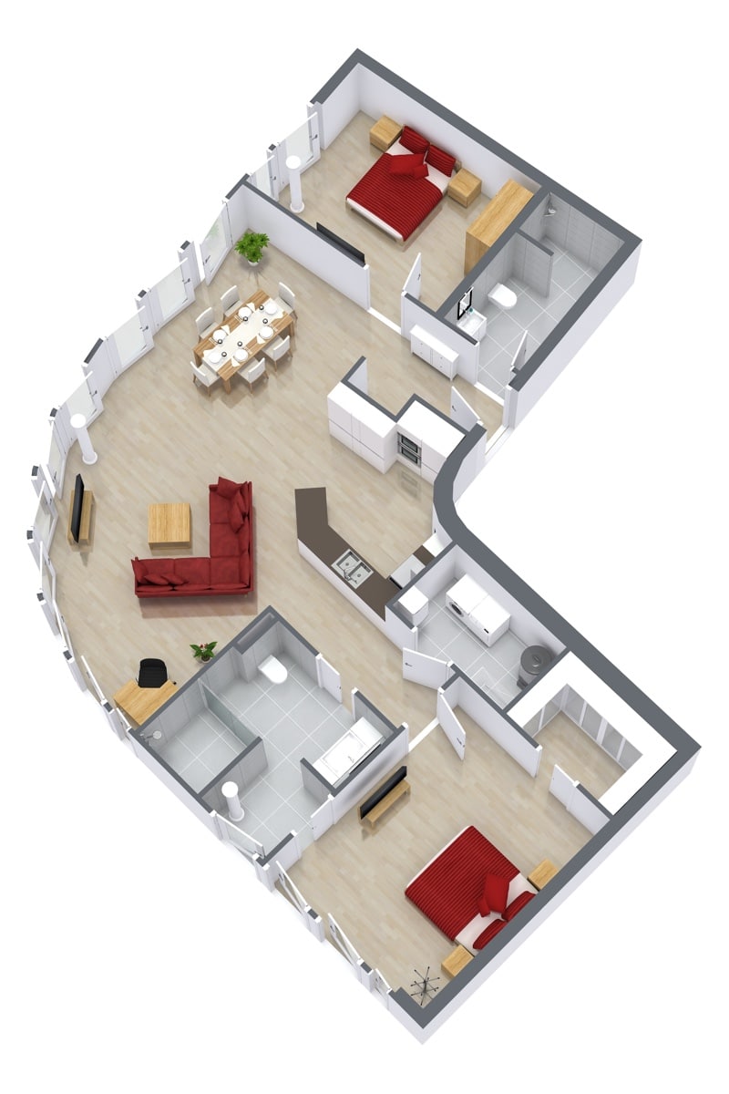 Rotated floor plan for Apartment 4.7, 2-bedroom layout