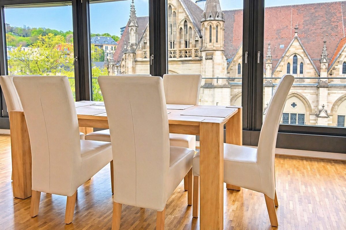 Dining area with church view