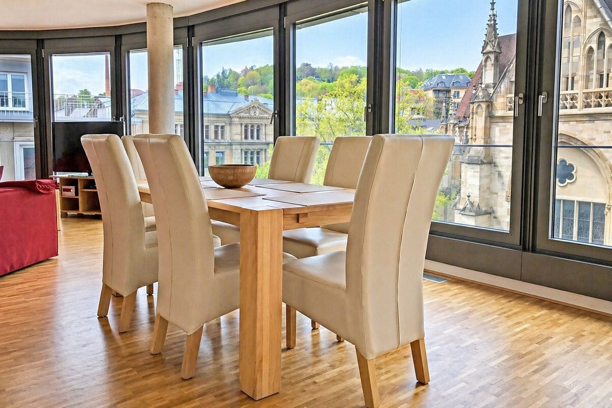Dining area with large windows