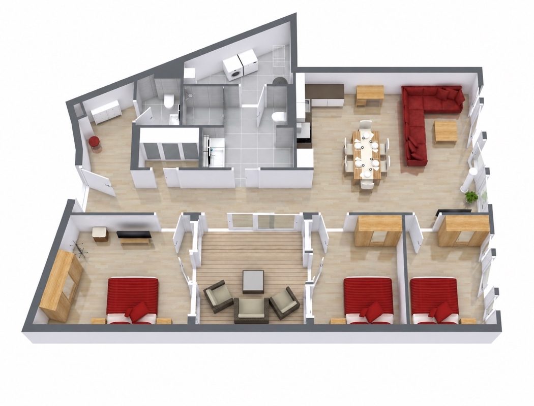 Rotated floor plan for Apartment 4.8, 3-bedroom layout