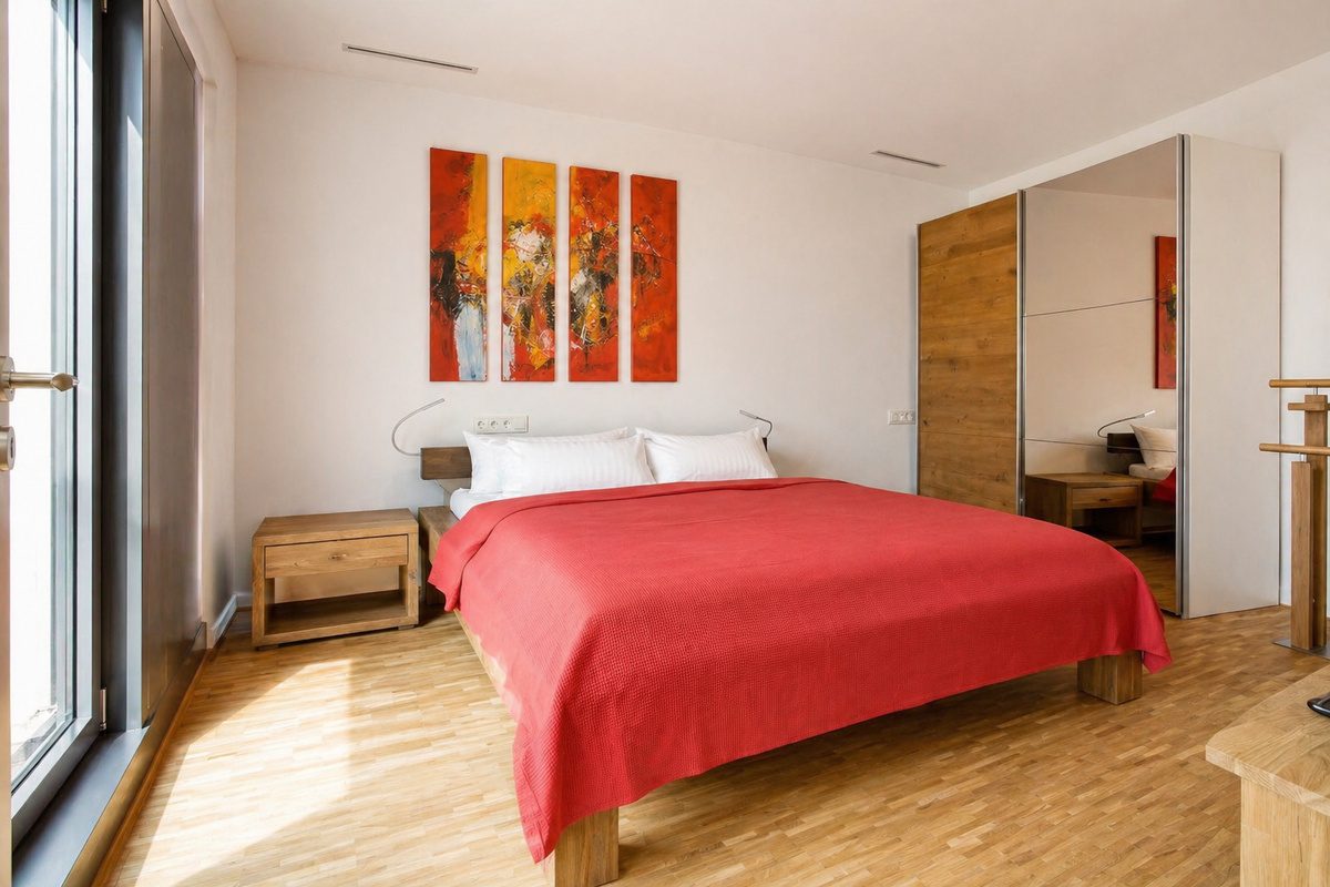 Master bedroom in penthouse with large closet