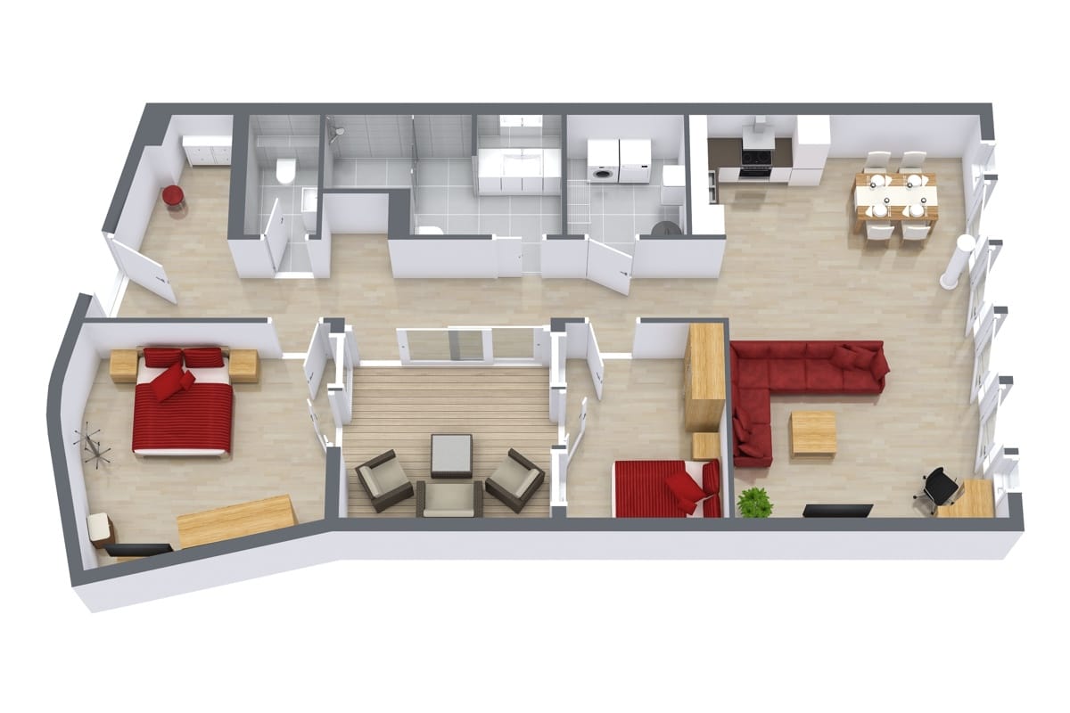 Rotated floor plan for Apartment 4.9, 2-bedroom layout