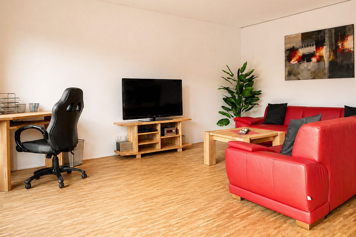 Living area with desk and TV
