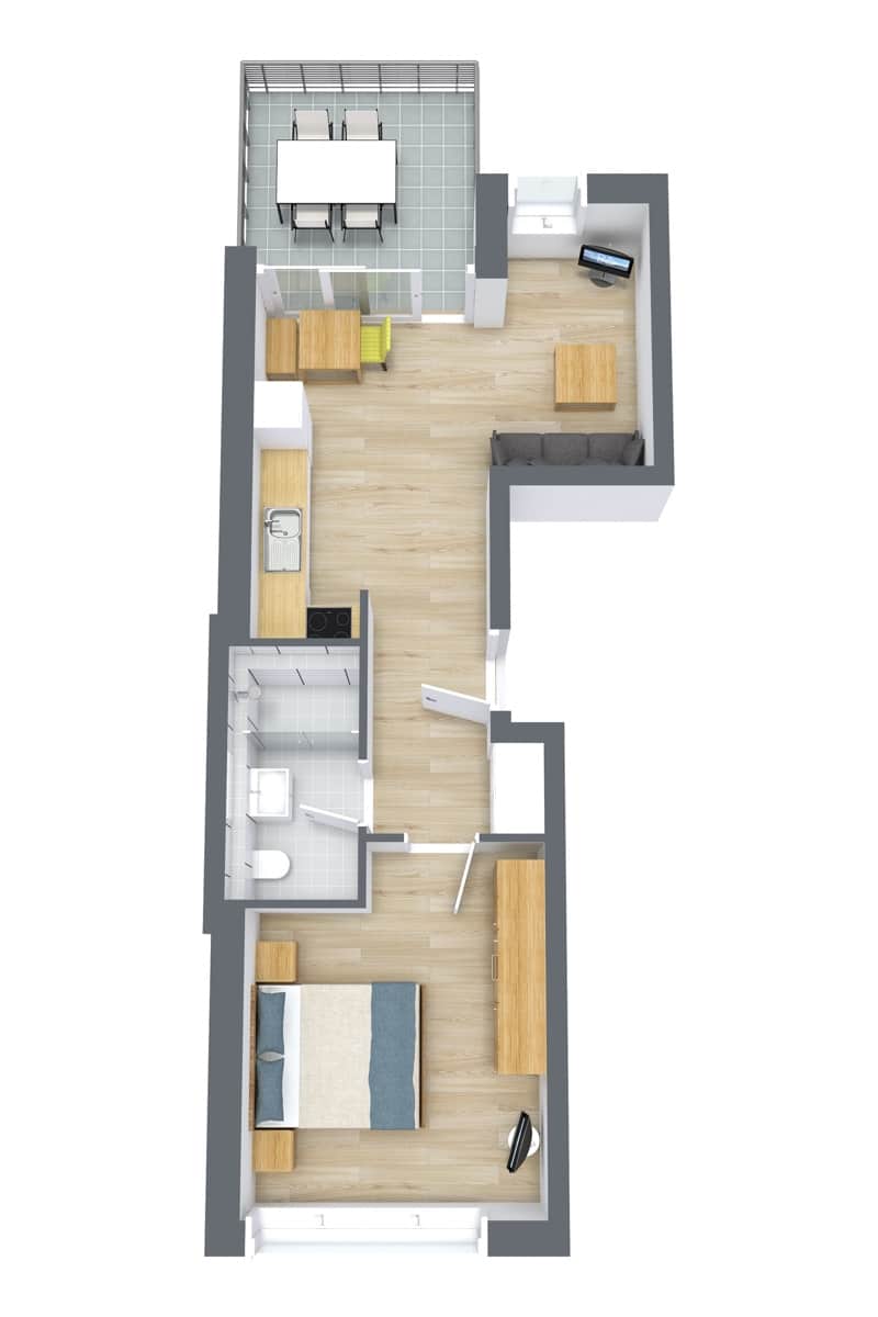 Rotated floor plan for Apartment 67101, 1-bedroom layout