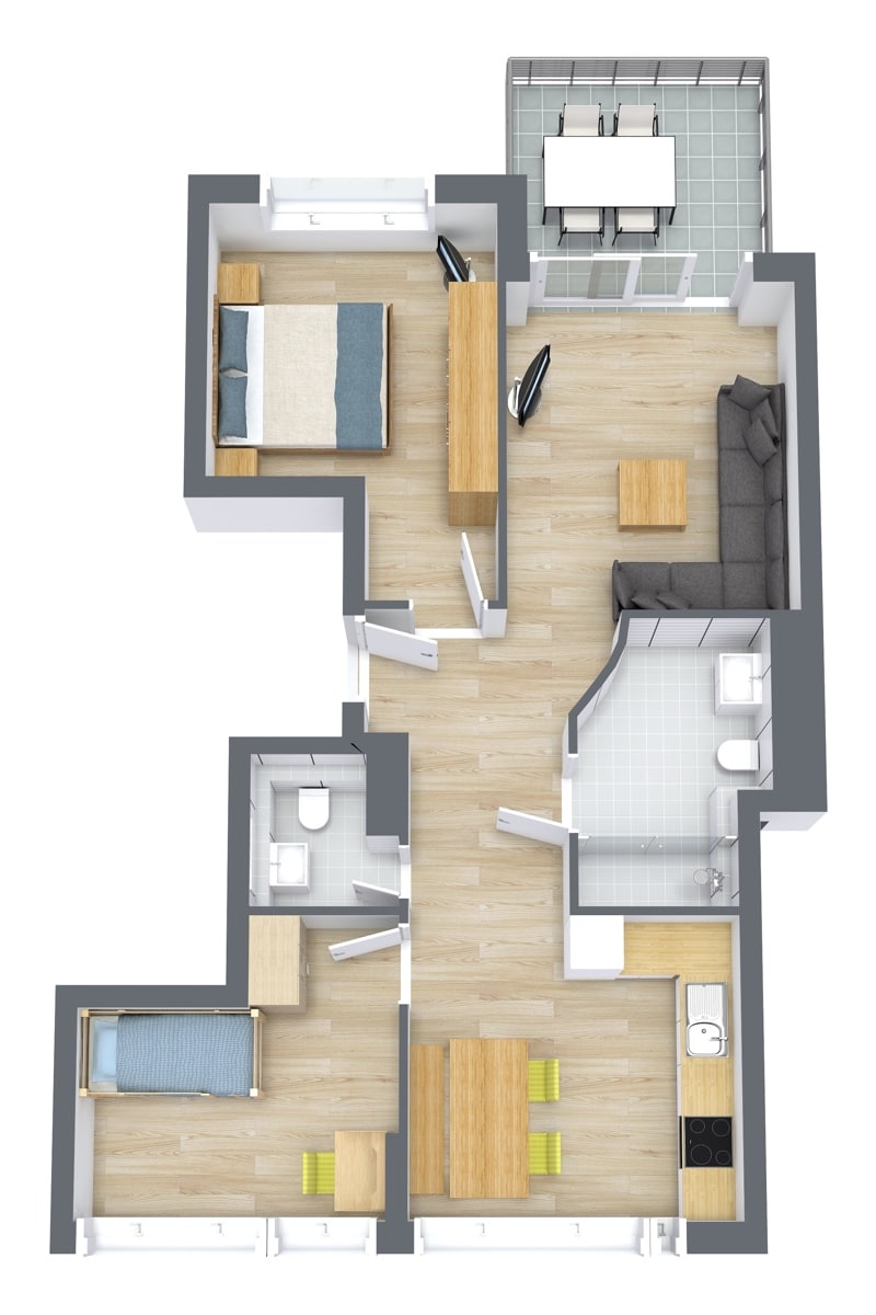 Rotated floor plan for Apartment 67102, 2-bedroom layout