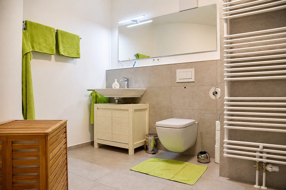 Bathroom with sink, toilet and towels