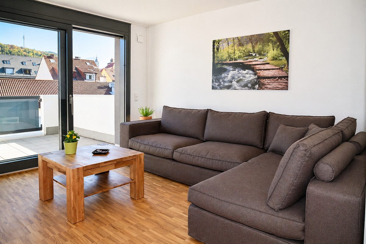 Living room with large sofa in furnished 2-bedroom apartment