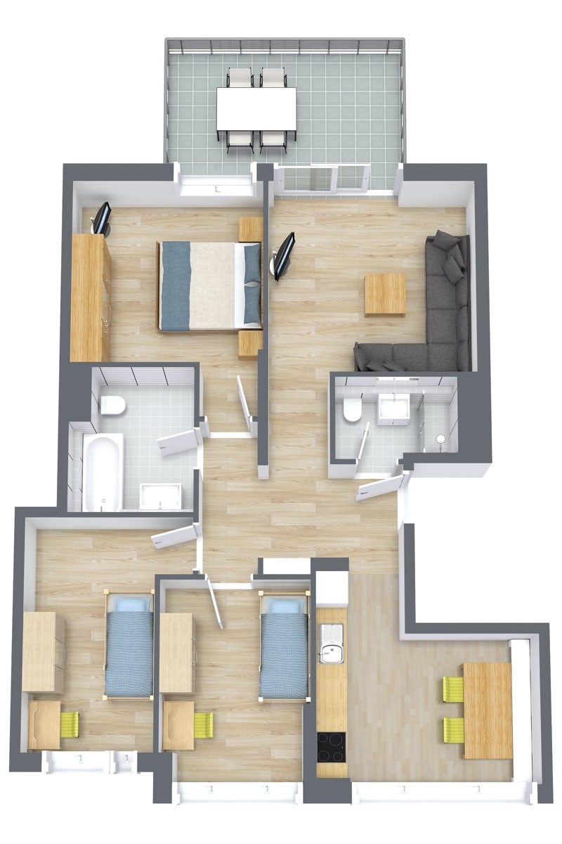 Rotated floor plan for Apartment 69103, 3-bedroom layout