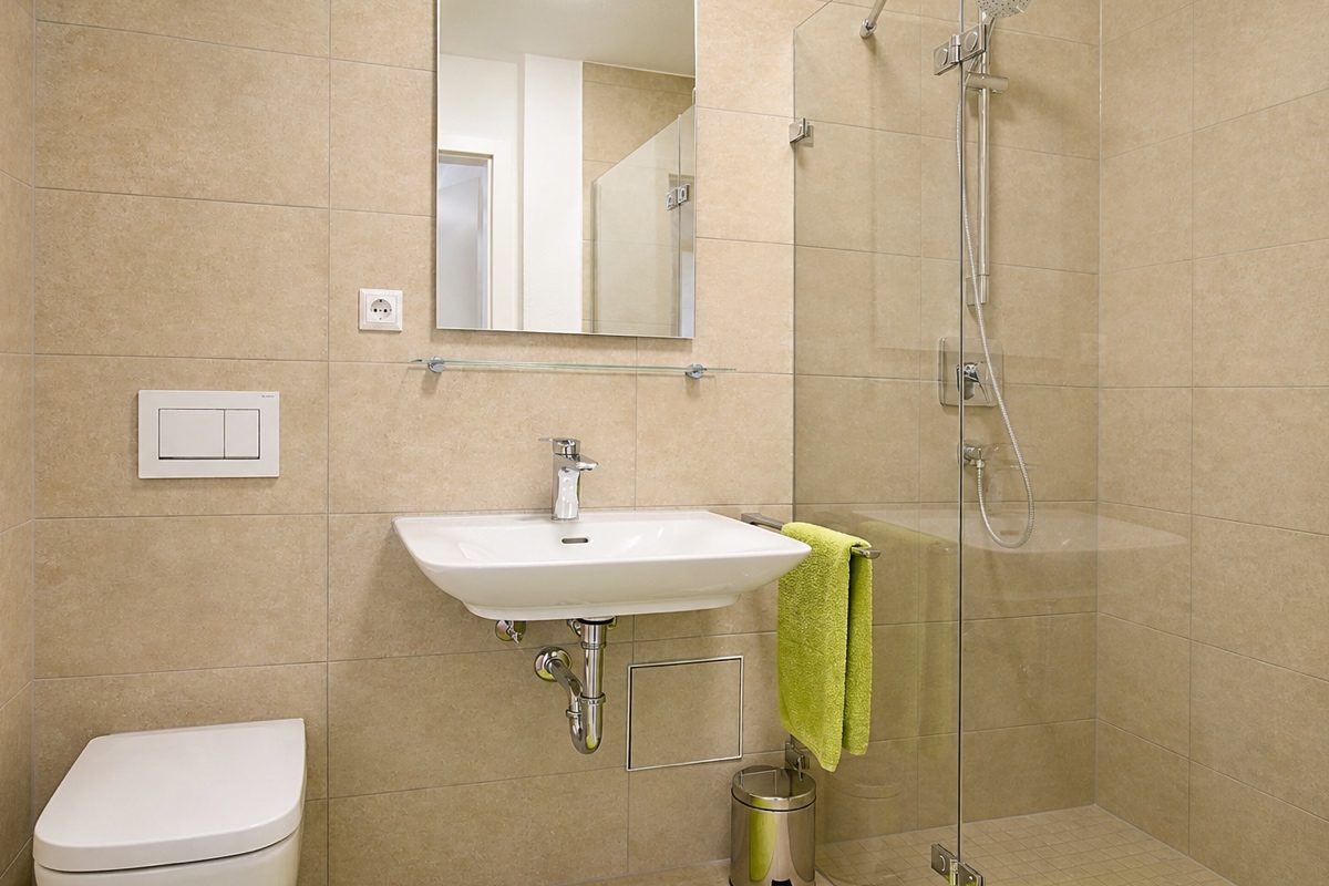 Bathroom with large shower, toilet and sink