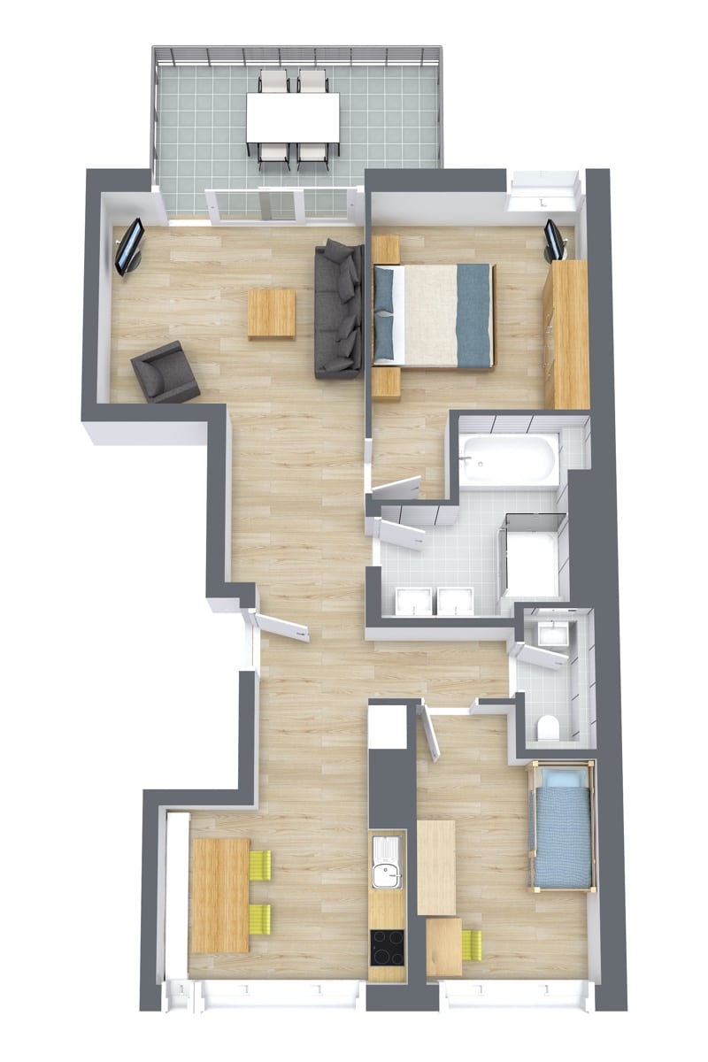 Rotated floor plan for Apartment 69104, 2-bedroom layout