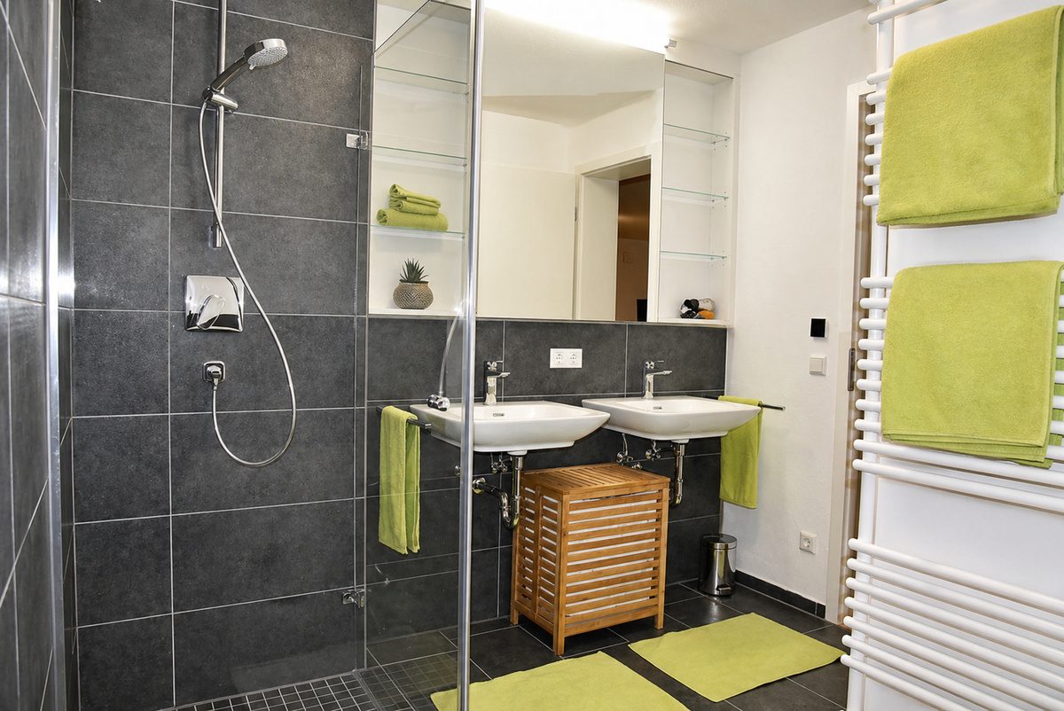 Bathroom with sinks and shower