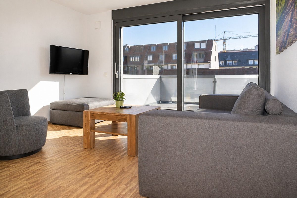 Living room area with TV next to balcony