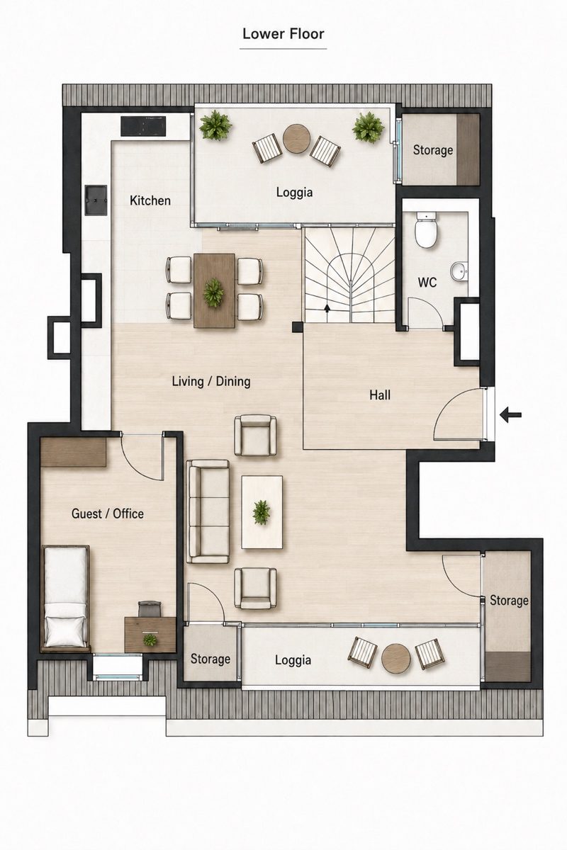 Lower-floor plan for Apartment 69503, 2-bedroom duplex layout