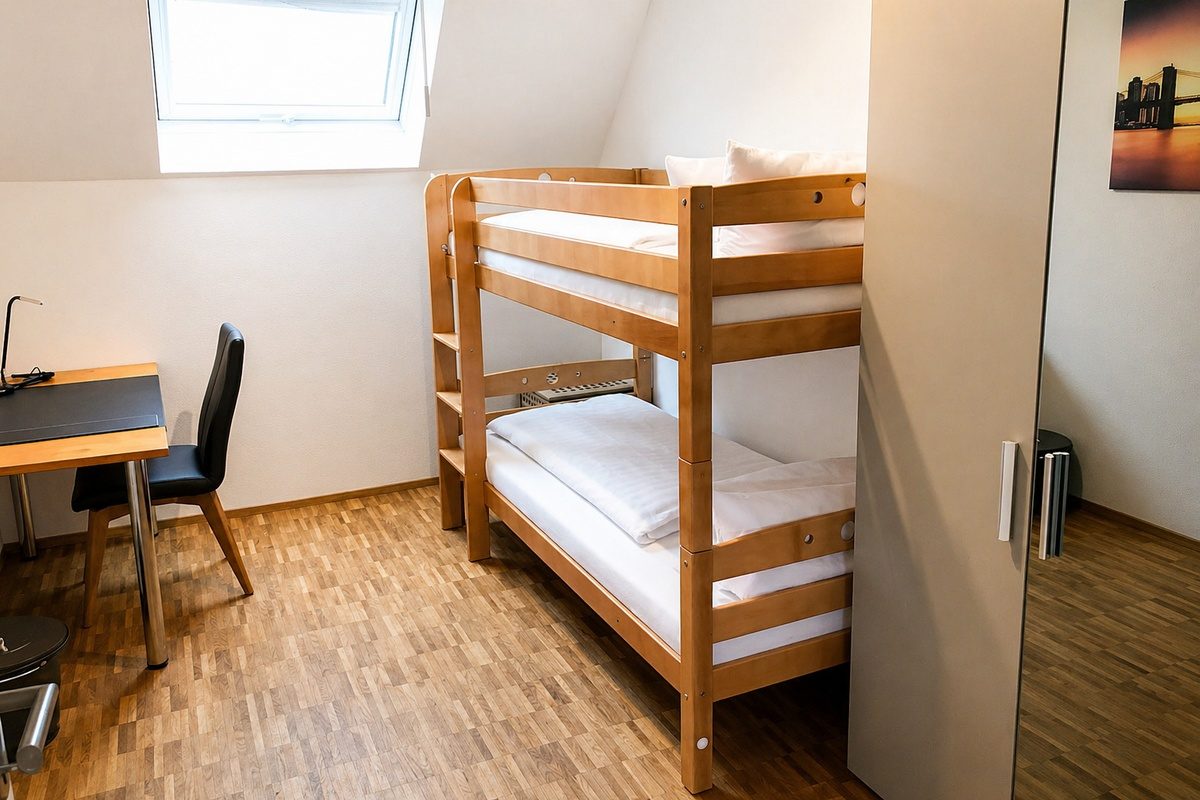 Bunk bed, desk and closet in second bedroom
