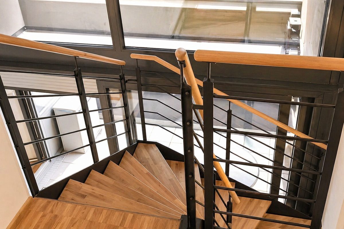 Duplex penthouse staircase with wooden steps