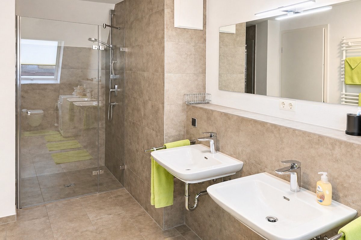 Bathroom with shower and double sink