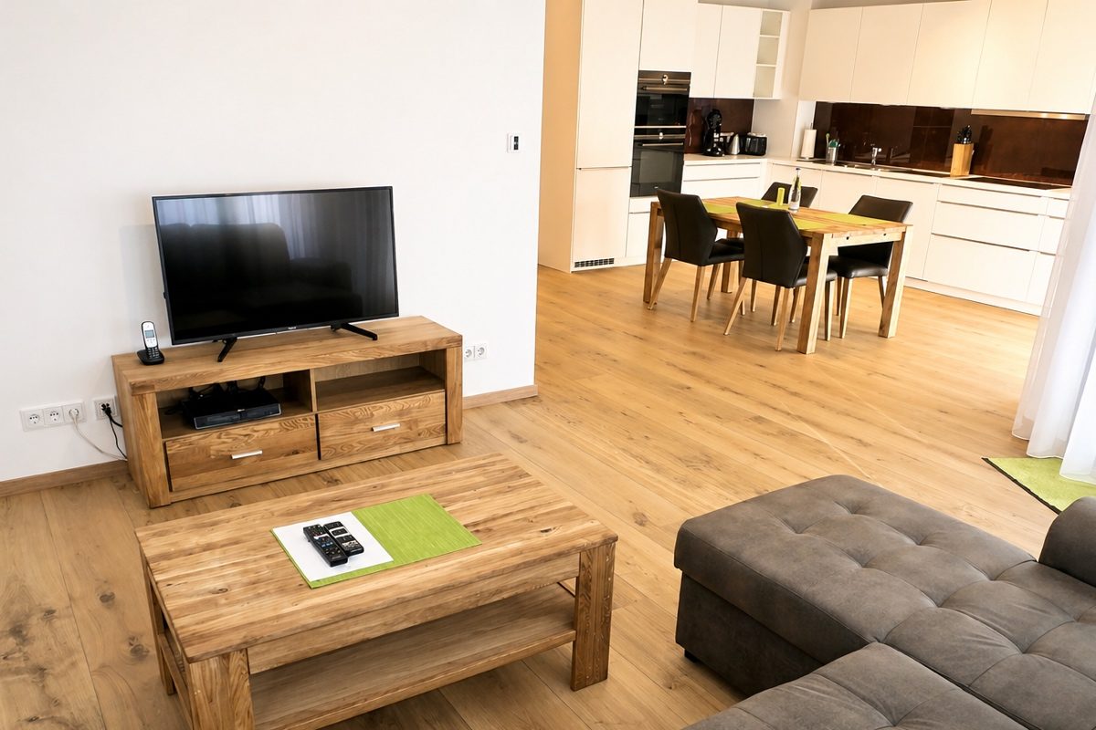Living area with TV in 2-bedroom apartment