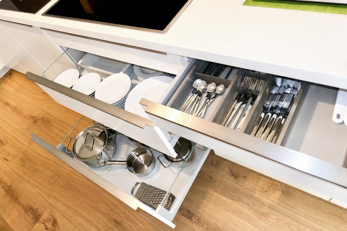 Open drawers in full kitchen