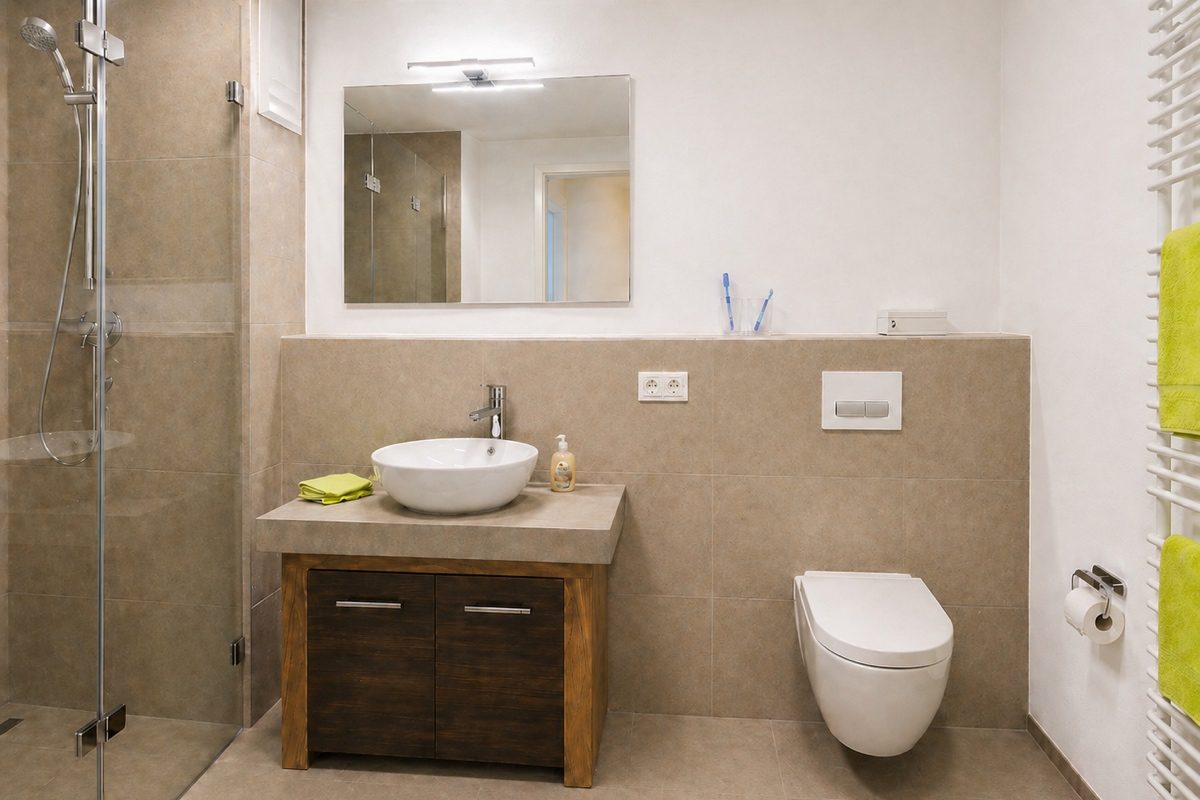 Bathroom with shower, sink and toilet