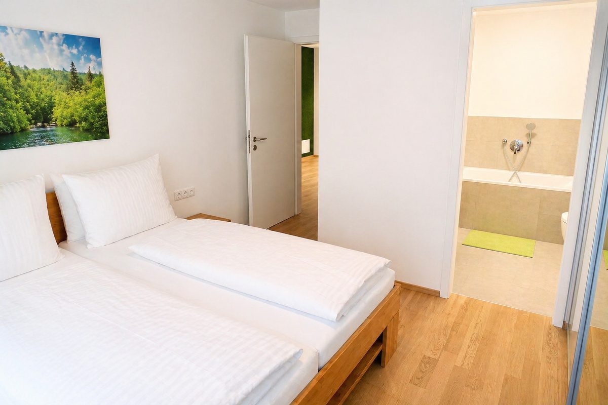Main bedroom with king bed and en suite bathroom