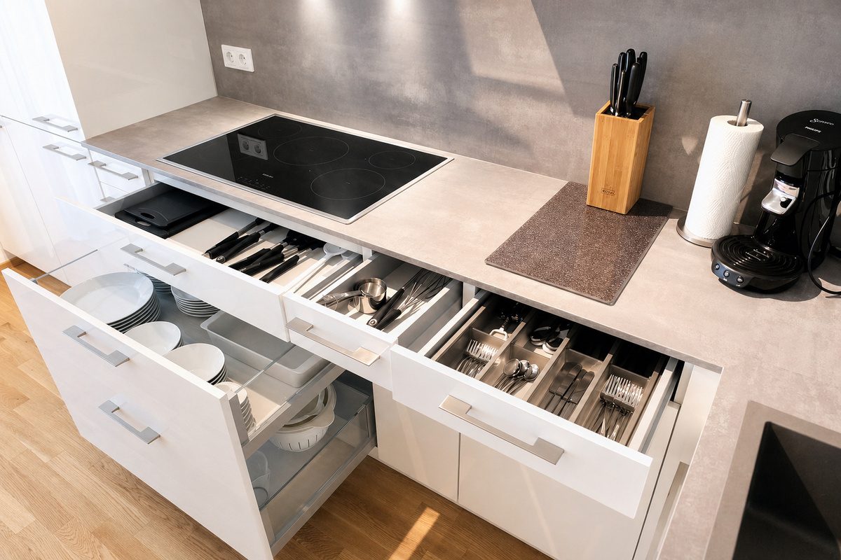Cooktop with kitchen drawers