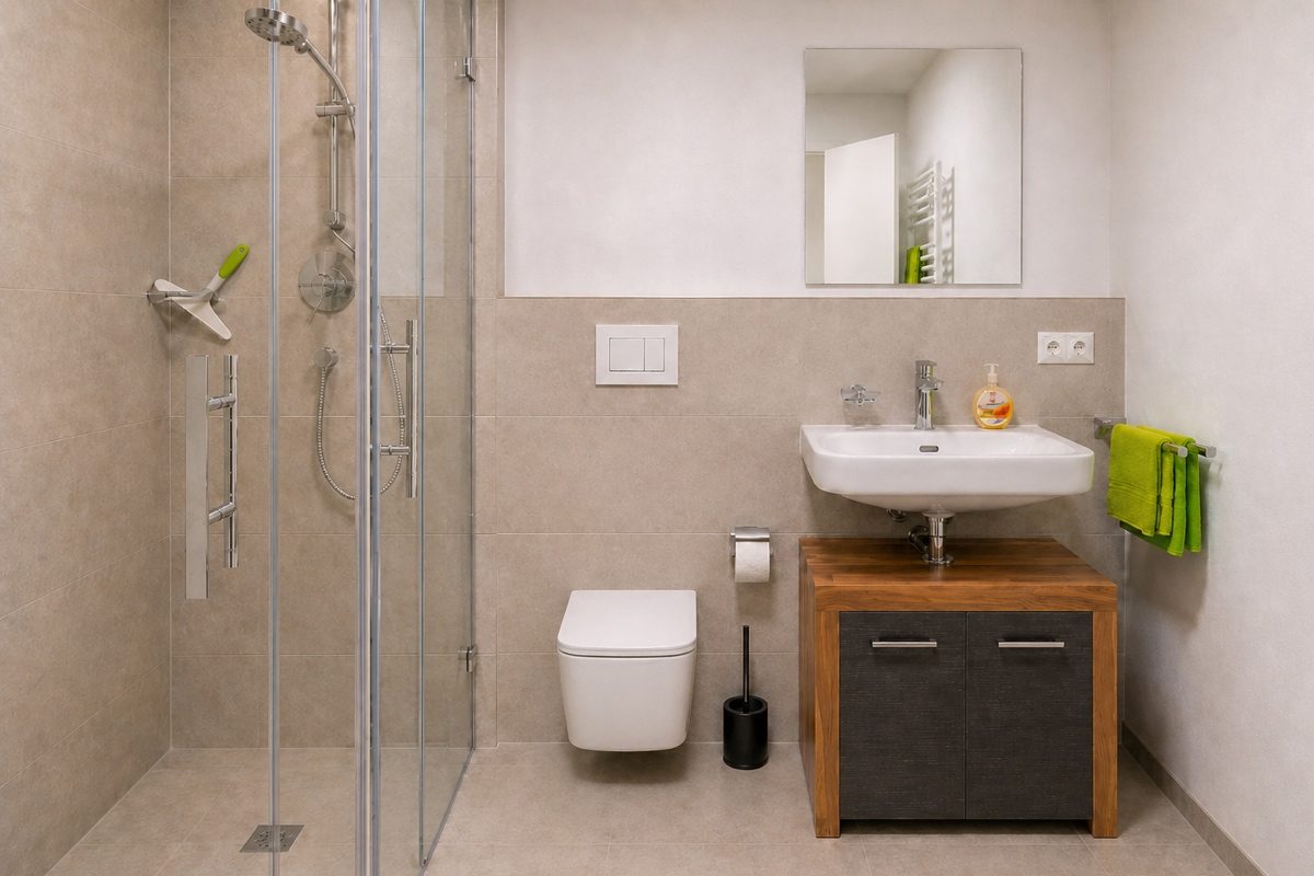 Bathroom with shower, toilet and sink