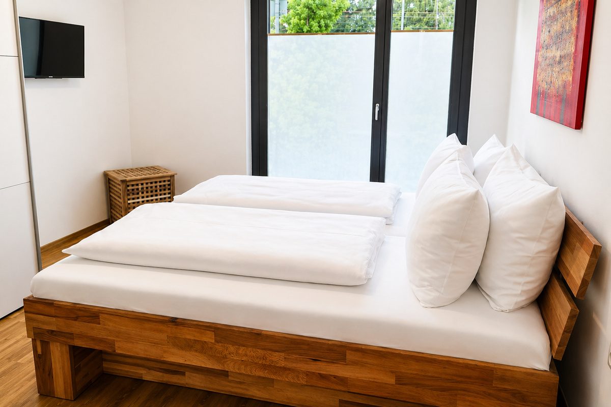 Master bedroom with king-size bed and blinds