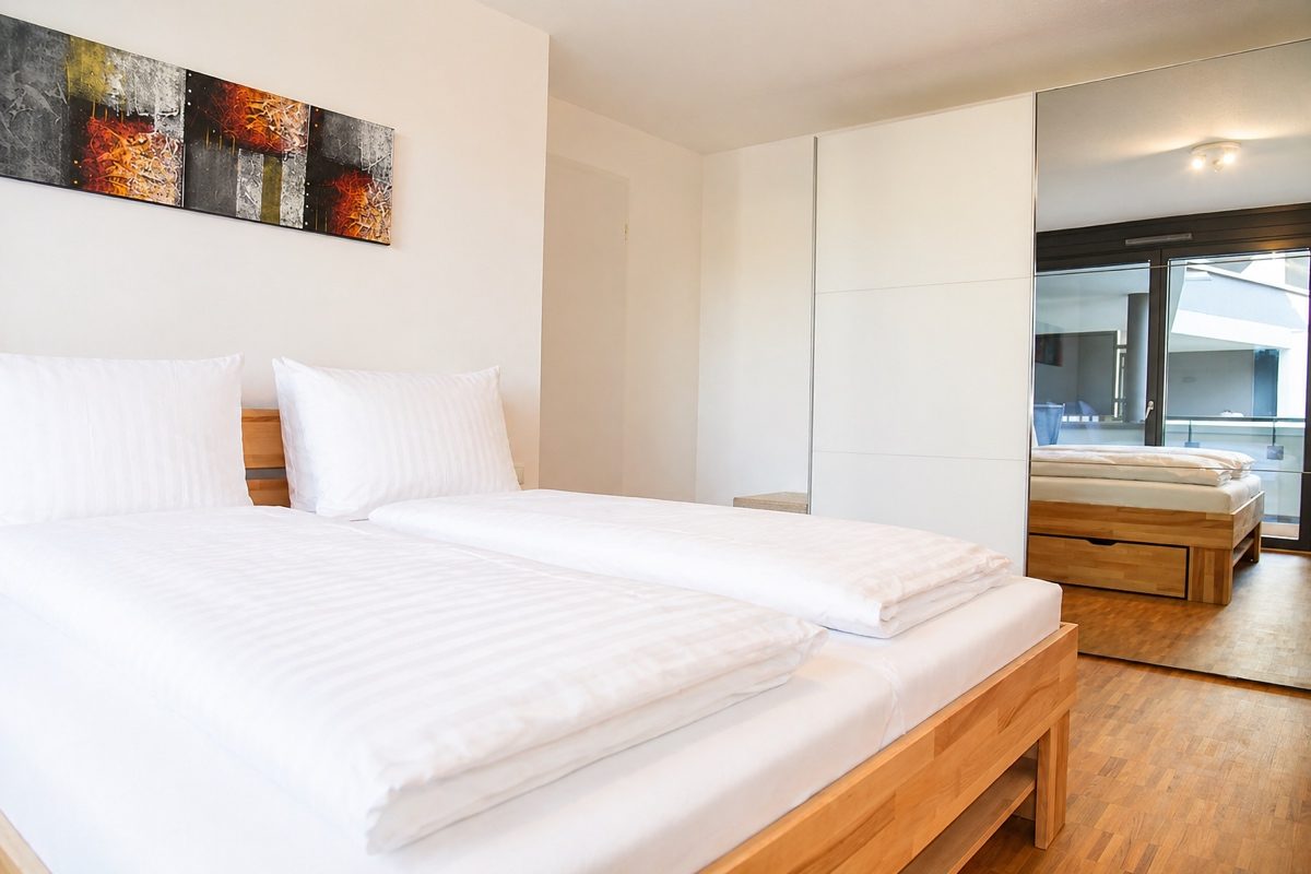 Bedroom with large mirror wardrobe