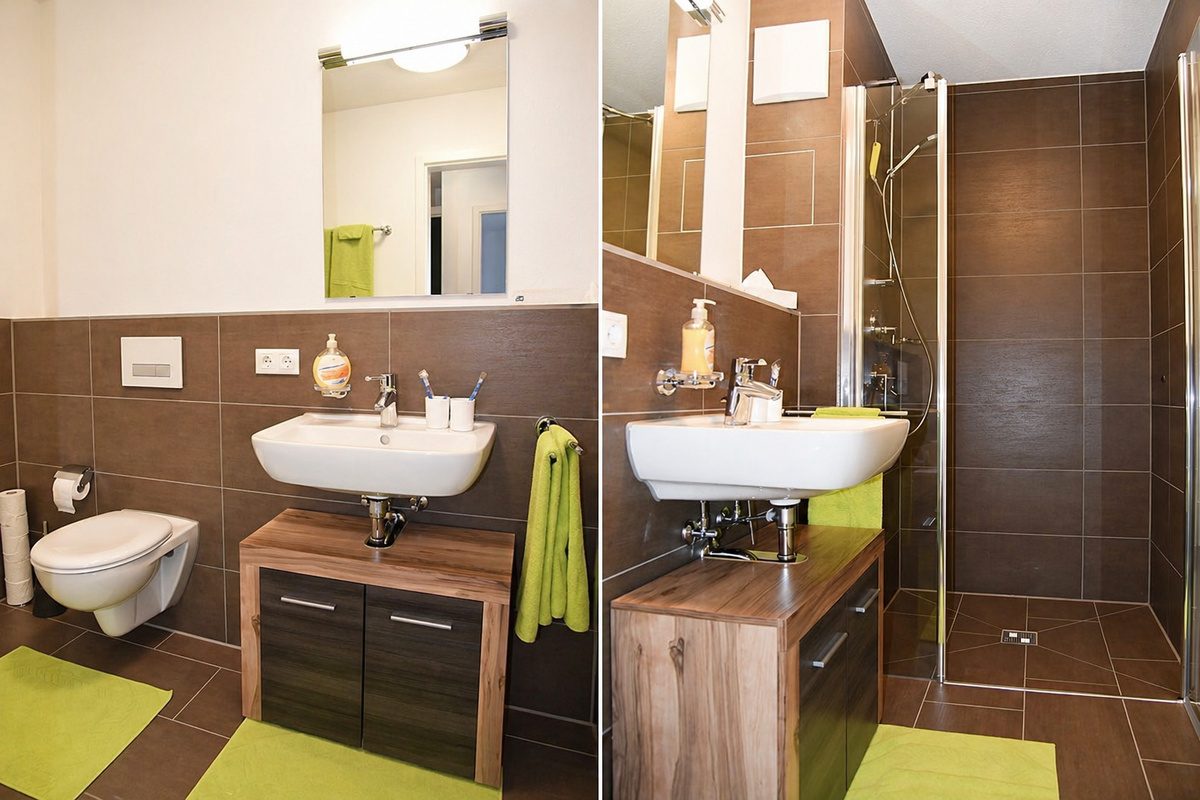 Bathroom with toilet, sink and shower