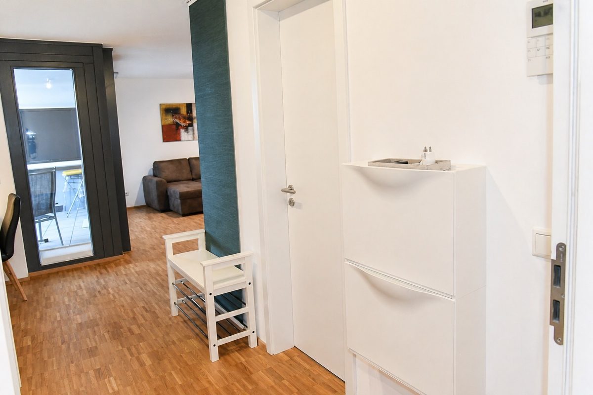 Entryway with video intercom and shoe cabinet