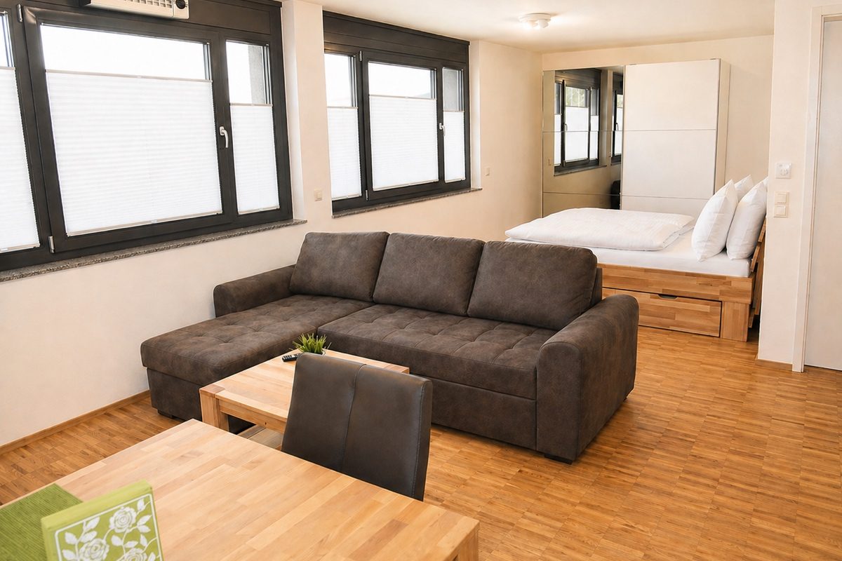 Studio apartment living and sleeping area