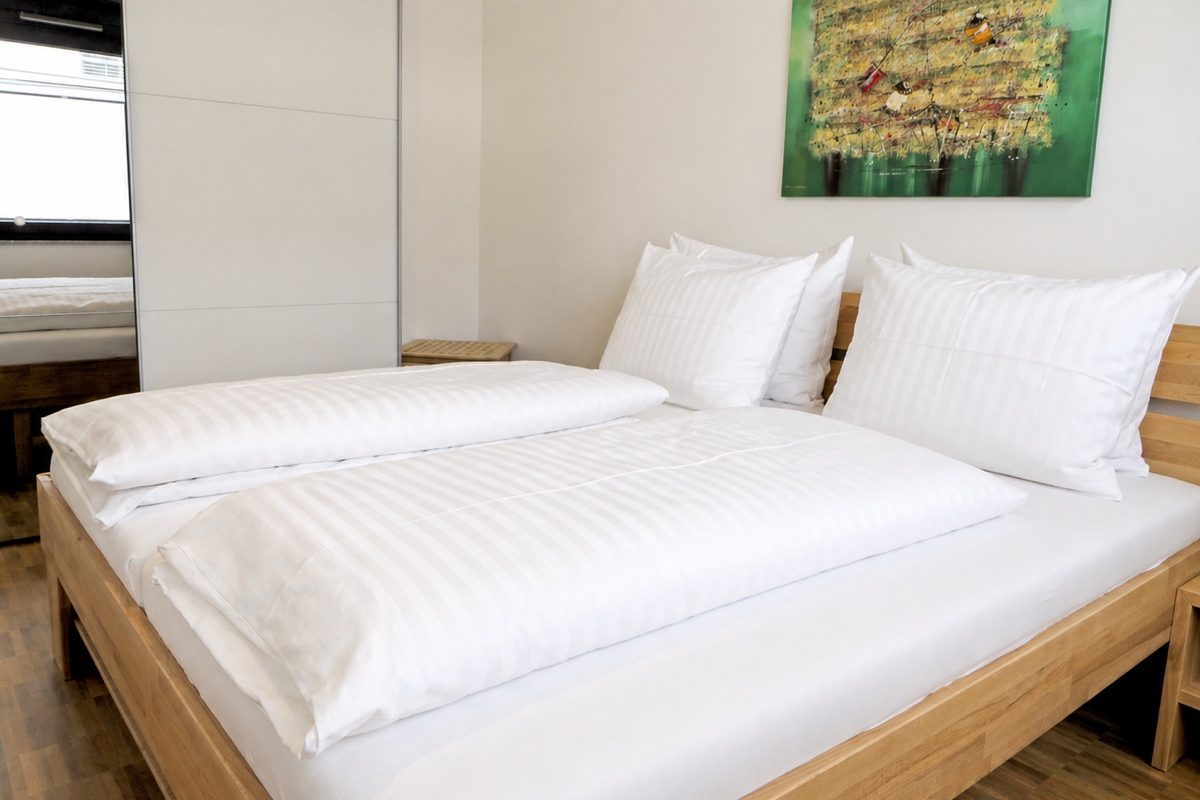 King-size bed and mirror wardrobe in master bedroom