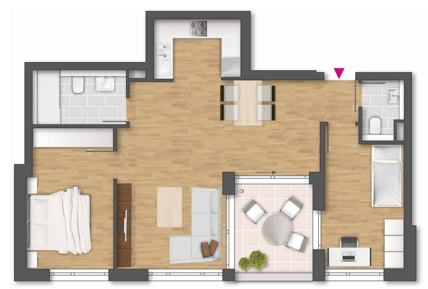 Floor plan for Apartment 841, 2-bedroom layout