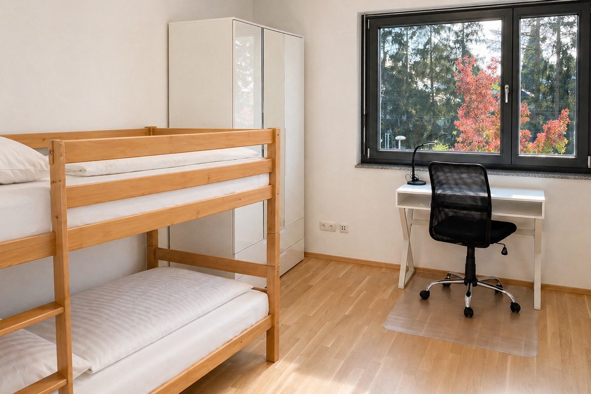 Second bedroom with bunk bed, wardrobe and desk