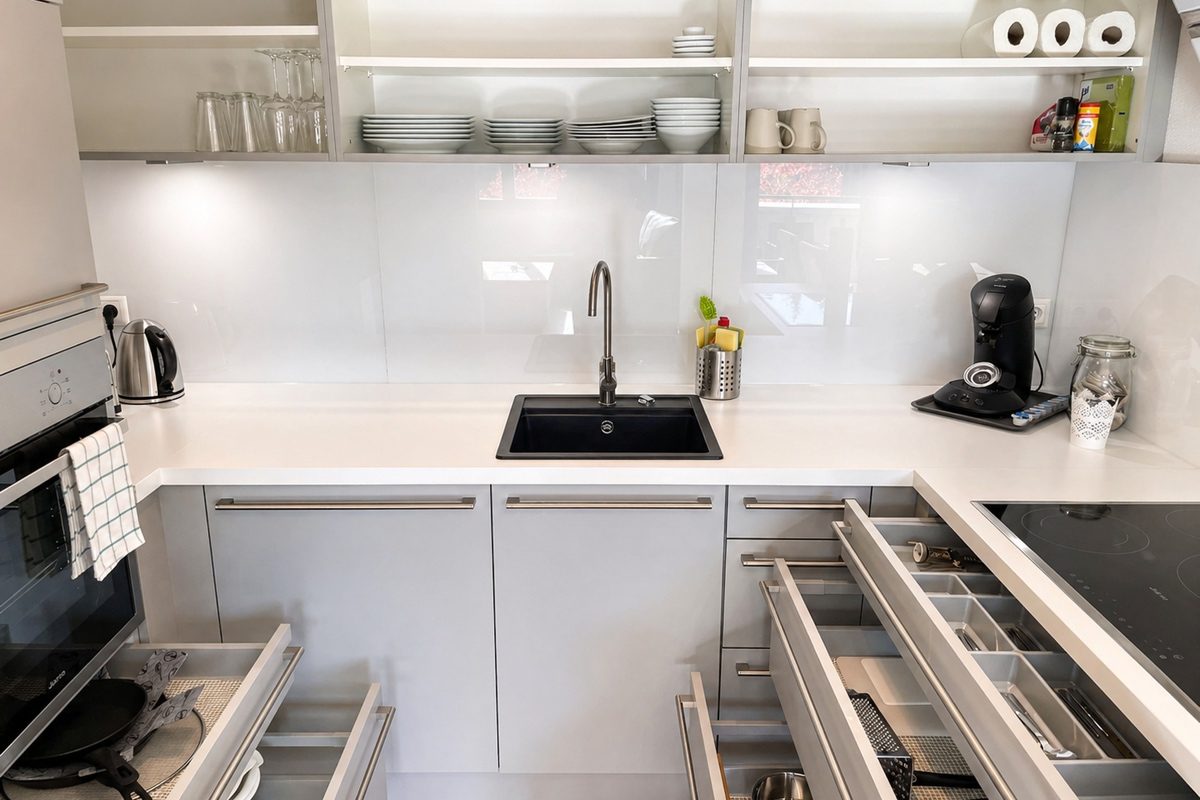 Fully equipped kitchen open drawers
